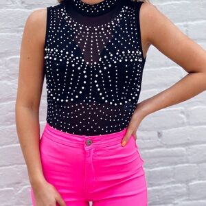 Black Pearl-Embellished Sleeveless Mesh Top